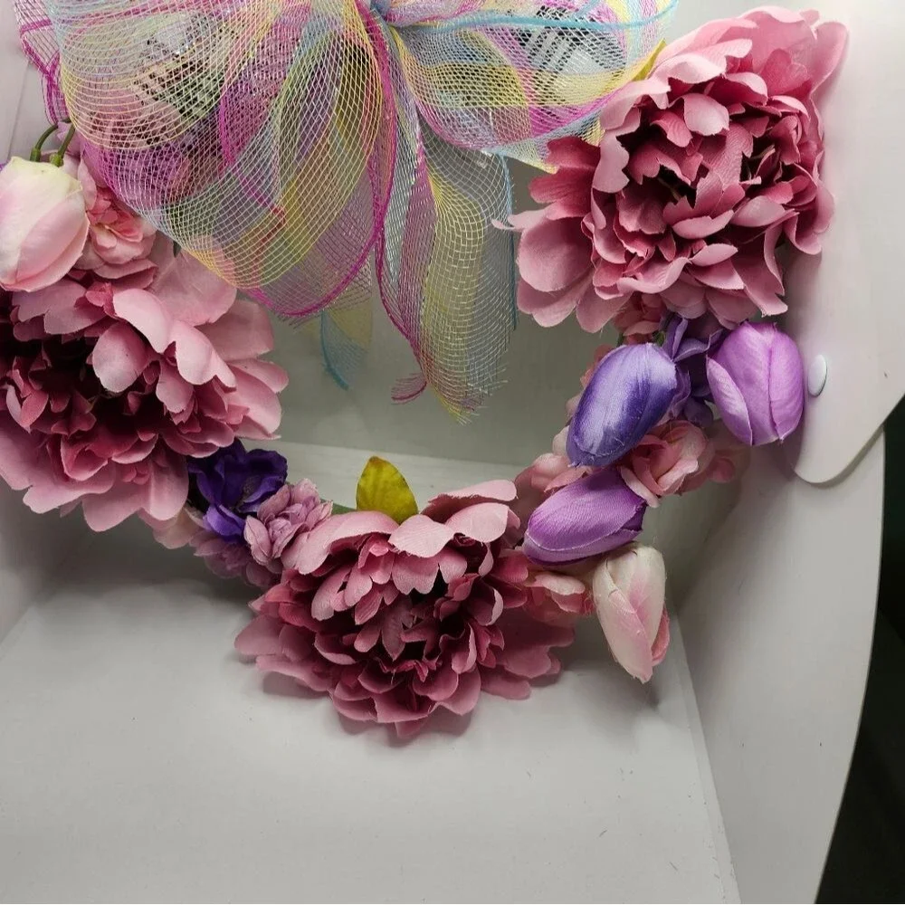 Hand Crafted Pink Peony Tulip Floral Wreath  Spring Door Wall Decoration